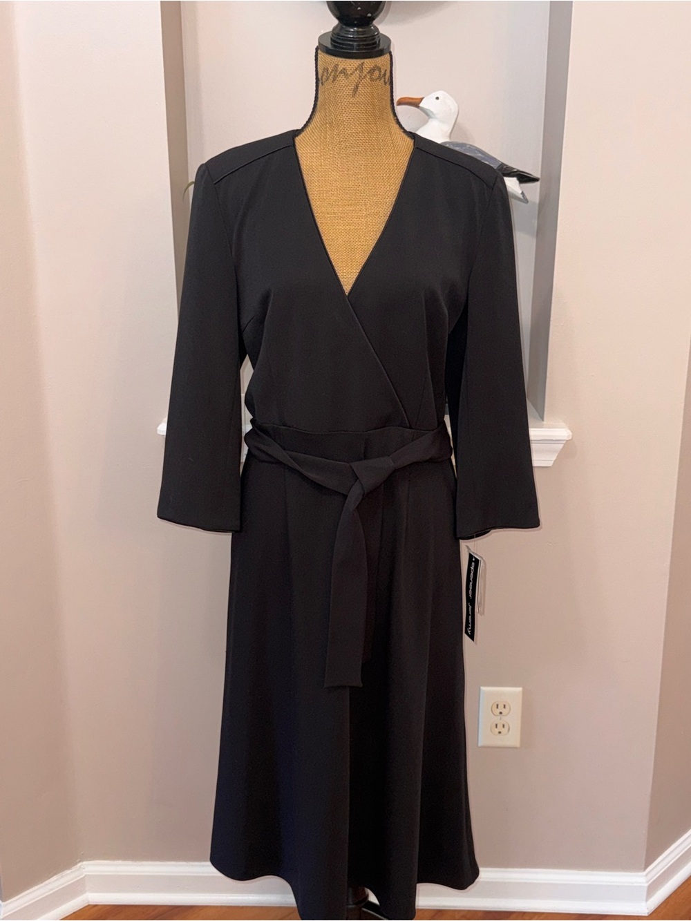 Spenser Jeremy NWT Black Faux Wrap Midi Dress Size 10 Belted Ponte 3/4 Sleeve